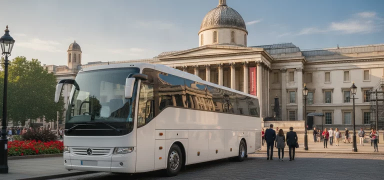A modern coach parked near the National Gallery in London.