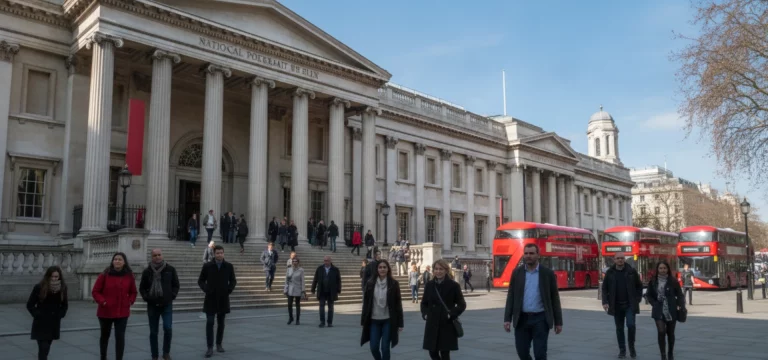 The imposing facade of the National Portrait Gallery in London, with people entering.
