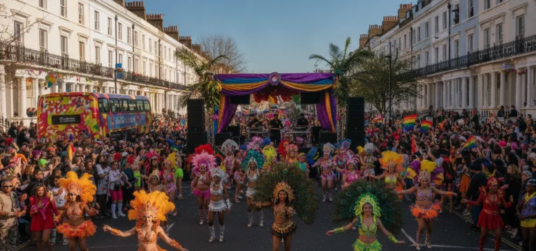 Colourful street scene at Notting Hill Carnival with diverse crowds and performers.