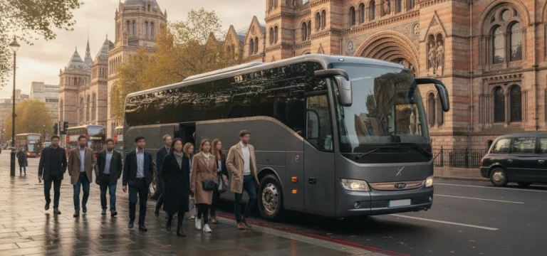 A modern coach parked near the ornate entrance of the Natural History Museum in London, with a group of visitors walking towards the entrance.