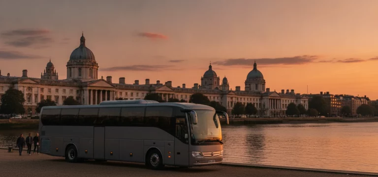 A luxury coach parked on the Thames riverbank with the magnificent Old Royal Naval College in Greenwich, London, bathed in sunset light in the background.