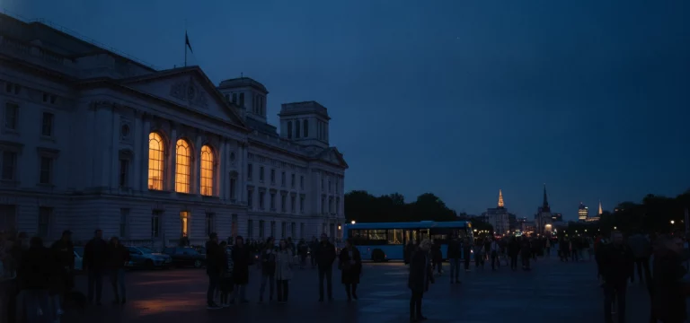 Alexandra Palace, London, illuminated at dusk.