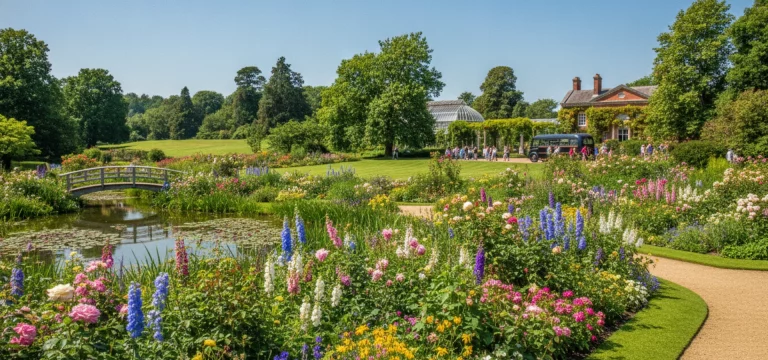 Panoramic view of RHS Garden Wisley's stunning floral displays and manicured landscapes.