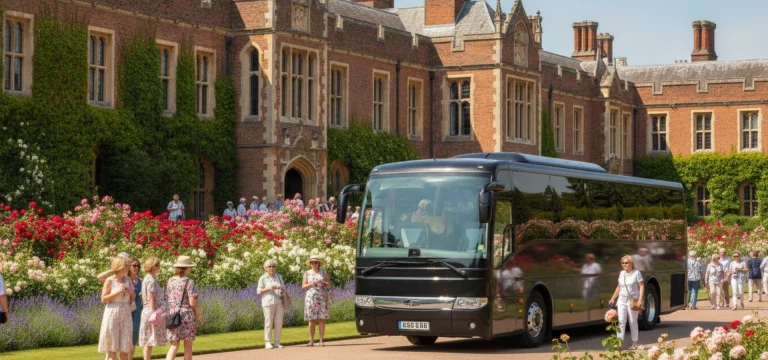 A modern luxury coach parked near the historic entrance of Hampton Court Palace, with vibrant flower displays and visitors in the background.