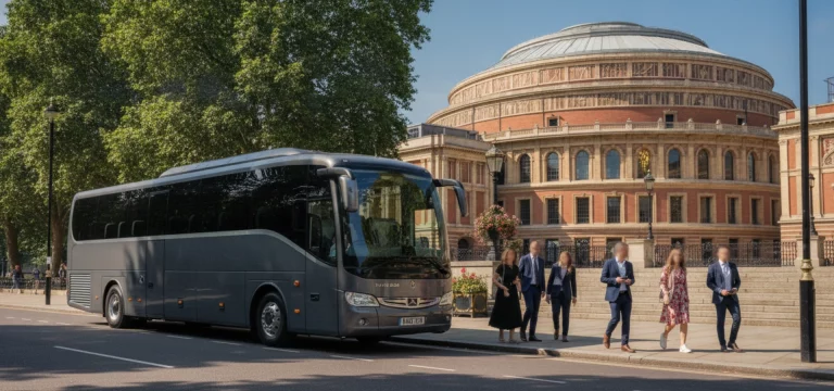 A sleek, modern coach parked on Kensington Gore with the grand Royal Albert Hall visible in the background, as people walk towards the venue entrance.