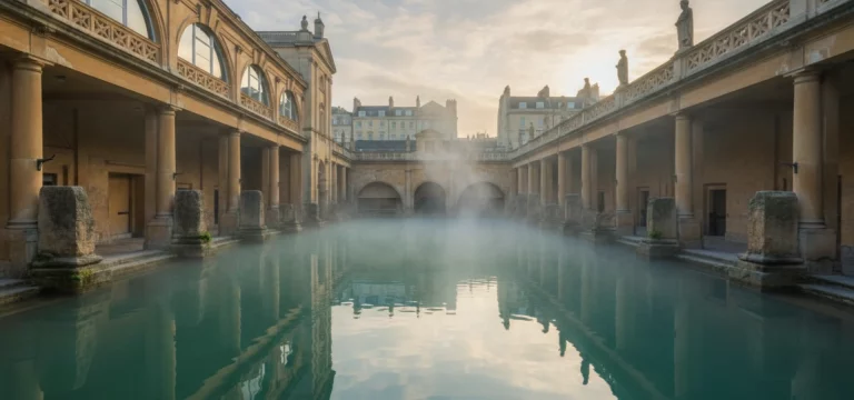 The Great Bath at the Roman Baths complex in Bath, with steam rising from the ancient waters at dawn.