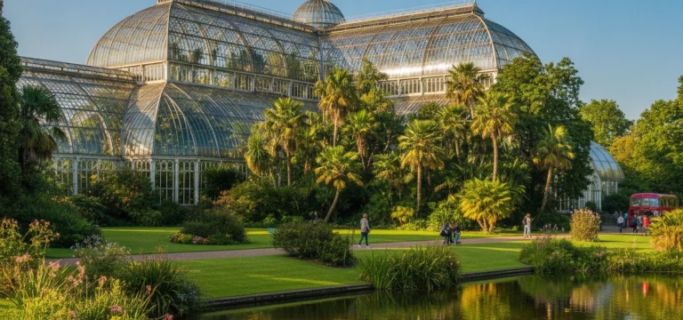 The stunning Victorian Palm House at the Royal Botanic Gardens, Kew, surrounded by vibrant greenery under a clear sky.