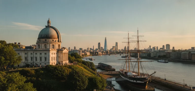 Iconic view of the Royal Observatory dome and the Cutty Sark ship at Royal Museums Greenwich, London.