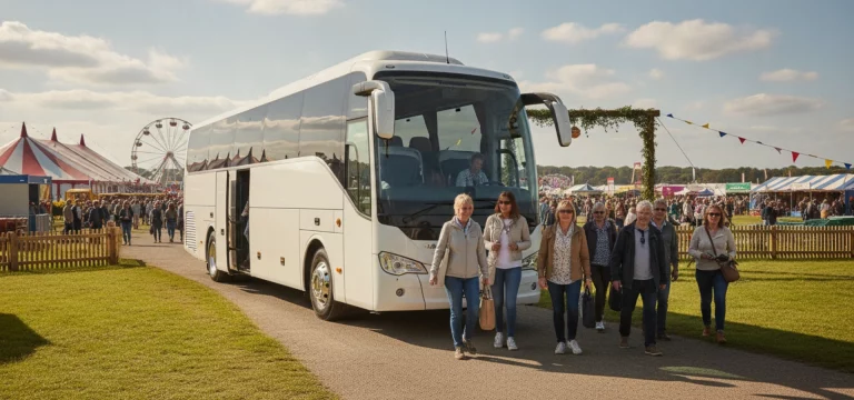 A modern white coach dropping off enthusiastic visitors at the main entrance of the Royal Welsh Showground.