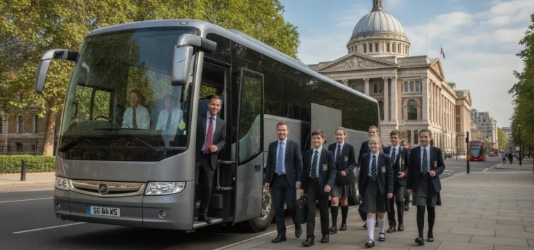 A modern coach parked near the grand entrance of the Science Museum in London, with groups of students and adults arriving for a visit.