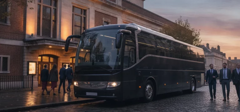 A luxury coach parked near the Royal Shakespeare Theatre in Stratford-upon-Avon, with theatre-goers arriving for an evening performance.