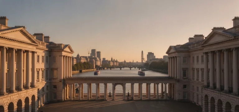 The grand neoclassical facade of Somerset House in London overlooking the River Thames.