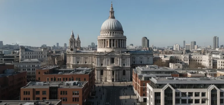 St Paul's Cathedral, London, viewed from a distance showcasing its magnificent dome against a clear sky.