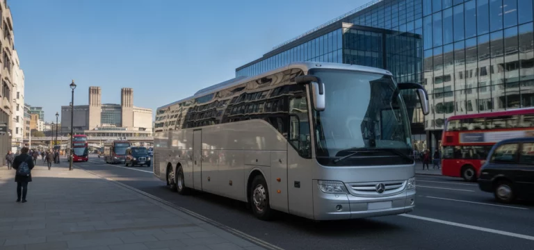 A sleek, modern coach parked on a London street, with the distinctive architecture of the Southbank Centre visible across the River Thames in the background.