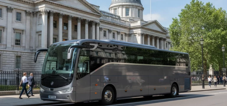 A sleek, modern coach parked on a wide London street, ready for group travel.
