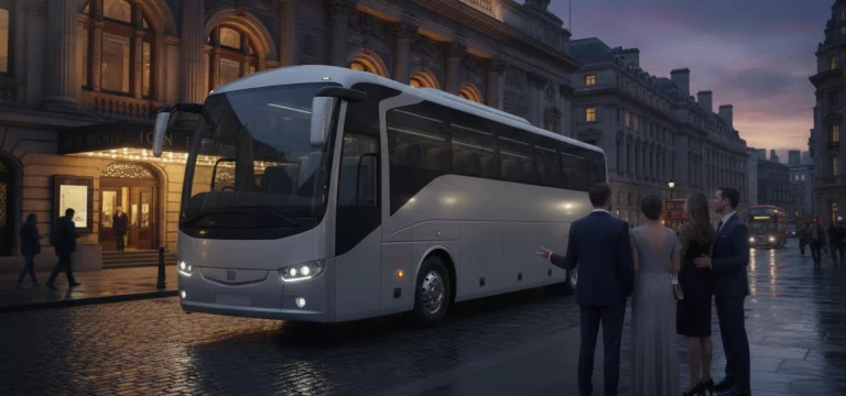 A modern luxury coach parked outside a historic London theatre at dusk, with theatre-goers in the foreground.