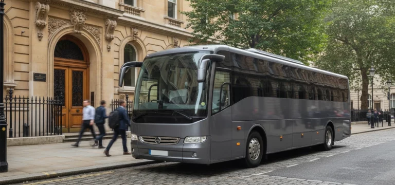 Luxury coach positioned for group pick-up near a prominent London cultural landmark.