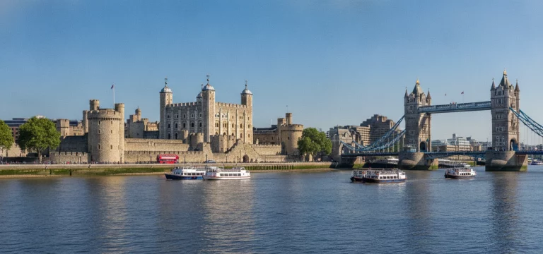 The historic Tower of London fortress situated on the bank of the River Thames in London.