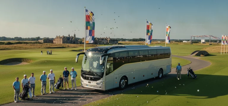 Luxury coach parked near a scenic UK golf course, ready for event transport.