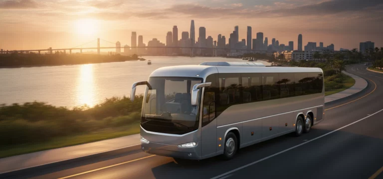 A sleek, modern coach travelling on a road, with a glimpse of the River Thames and London architecture in the distance, conveying comfortable event transport.