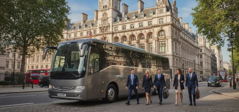 A luxury coach parked near the Houses of Parliament in London, with visitors arriving for a tour.