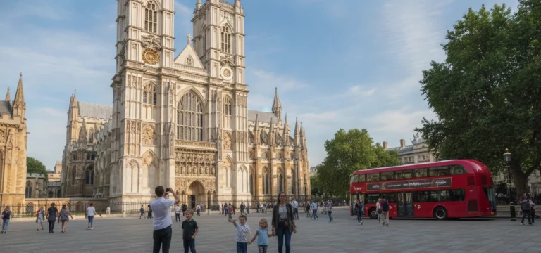 The grand gothic architecture of Westminster Abbey under a clear blue sky.