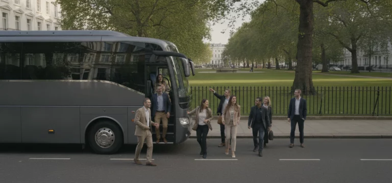 A sleek, modern coach parked on a tree-lined London street, with a group of happy passengers stepping off, ready for their day out.