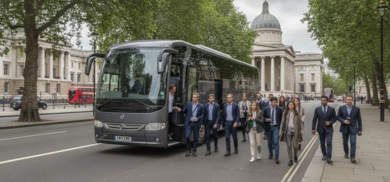 A luxury coach dropping off visitors near a grand museum entrance in London.