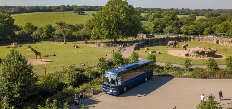 Coach parked at ZSL Whipsnade Zoo with expansive grounds visible.