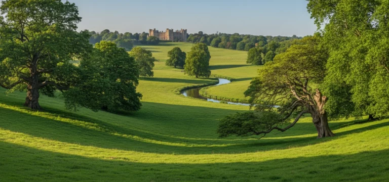 Expansive view of the landscaped gardens and ancient woodlands within Windsor Great Park.