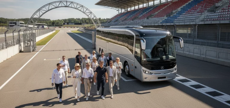 A modern luxury coach parked near the grandstand entrance of Silverstone Circuit, with fans walking towards the race.
