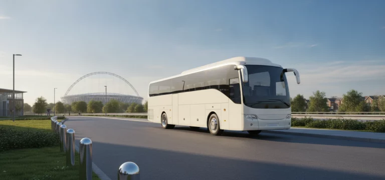 Luxury coach parked with Wembley Stadium in the distance