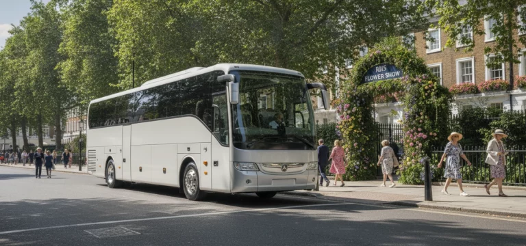 Luxury coach parked near the entrance of the RHS Chelsea Flower Show, London.