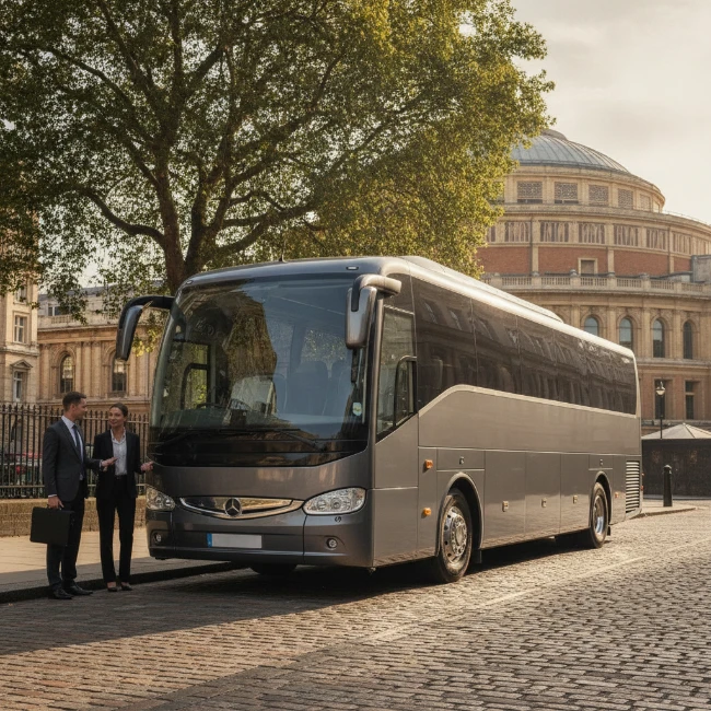 An executive coach positioned near the Royal Albert Hall, ready to transport concert-goers.