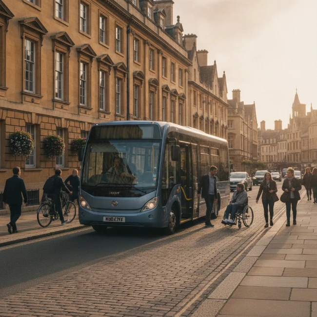 Coach Hire for Ashmolean Museum, Oxford – Group Travel 2 A modern minibus navigating a charming street in Oxford, with historic university buildings in the background.
