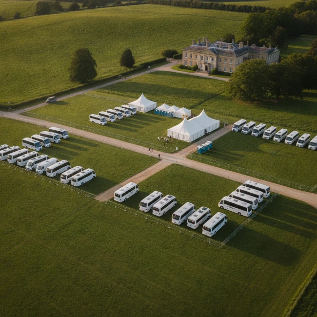 An aerial view of Badminton Estate showing event grounds, coach parking, and the manor house.