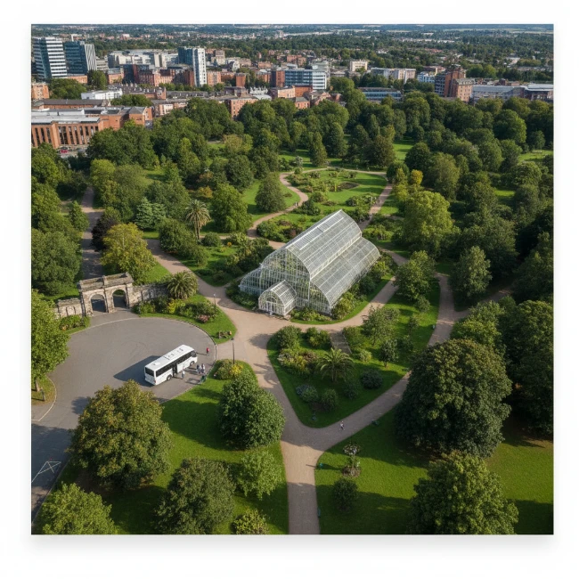 Coach Hire Belfast Mela, Botanic Gardens, Belfast – Group 2 An aerial view of Botanic Gardens, Belfast, featuring green spaces, pathways, and the Palm House, with a coach drop-off zone visible.