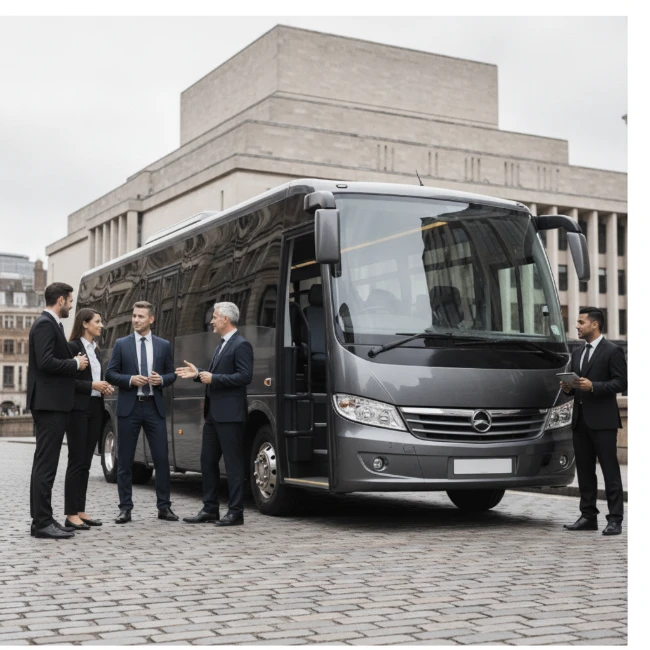 An executive minibus parked on a London street, indicating accessible group transport near a cultural venue.