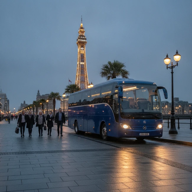 A luxury coach parked on Blackpool Promenade with the iconic Blackpool Tower illuminated in the background.