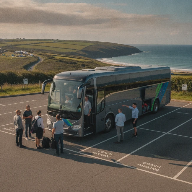 Boardmasters Festival Coach Hire: Newquay & Fistral Beach 2 A sleek, modern MyBus4U coach parked in a dedicated coach drop-off zone at a festival site in Cornwall, with passengers disembarking and the scenic coastal landscape in the background.