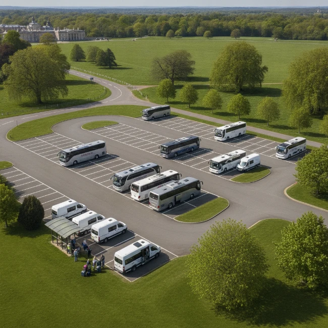 Coach Hire for Blenheim Palace, Oxfordshire – Group 2 Aerial view of Blenheim Palace's coach parking and drop-off area, showing multiple coaches and the surrounding parkland.