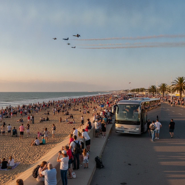 Crowds enjoying the Bournemouth Air Festival with a coach providing convenient group transport nearby.