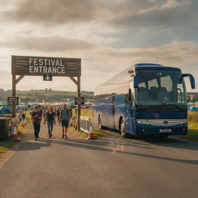 Coach parked near a festival access point with directional signage.