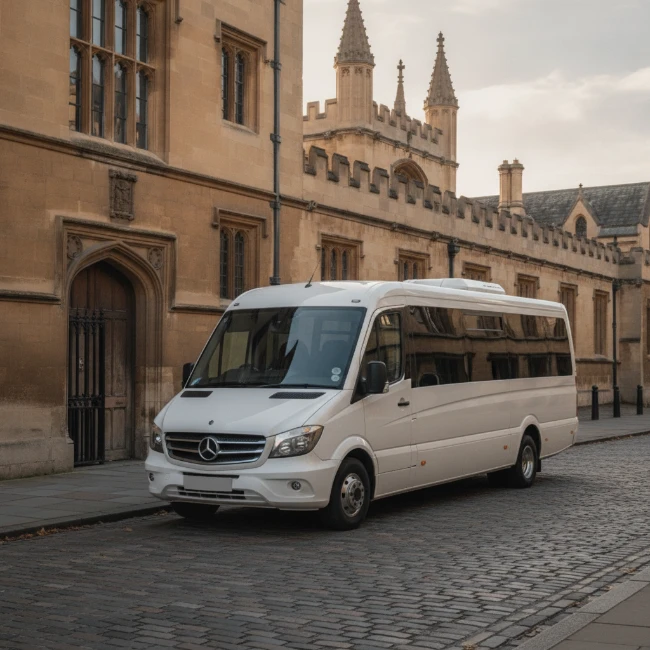A modern minibus parked on a street in Oxford, with historic university buildings in the background.