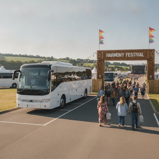 A coach parked near a festival entrance, indicating convenient group transport access.