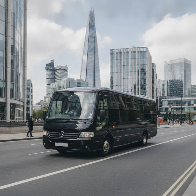 Coach Hire for British Library, London — Group Transport 2 An executive minibus navigating a wide street in central London, offering comfortable transport to cultural landmarks.
