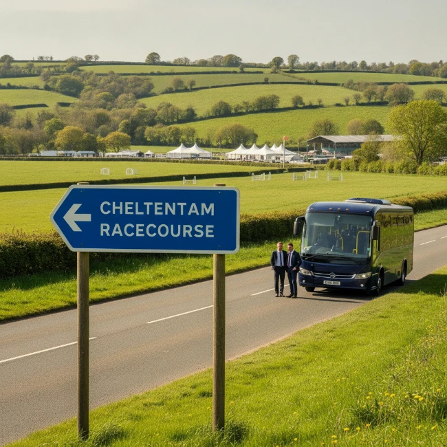 Road sign indicating the direction to Cheltenham Racecourse.