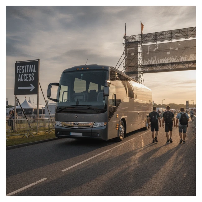 A coach parked on a road leading to a music festival site.