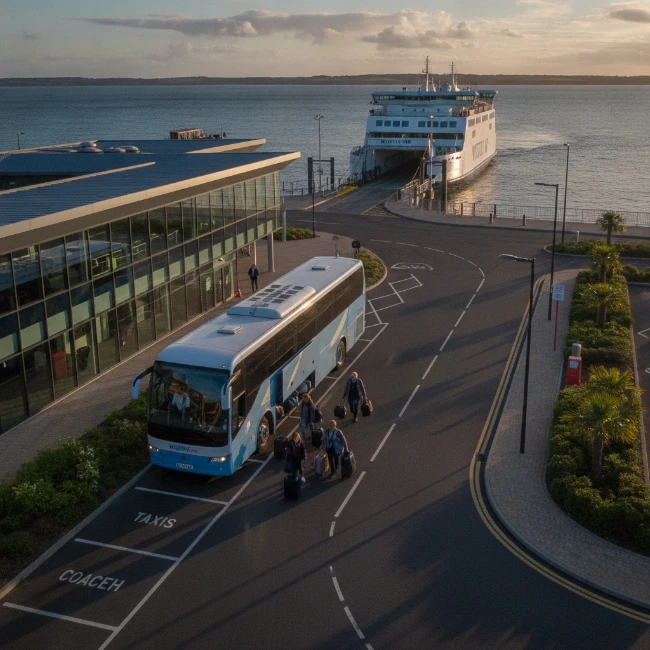 An aerial view of a coach drop-off area near an Isle of Wight ferry terminal, with a coach and passengers preparing to board a ferry to Cowes.