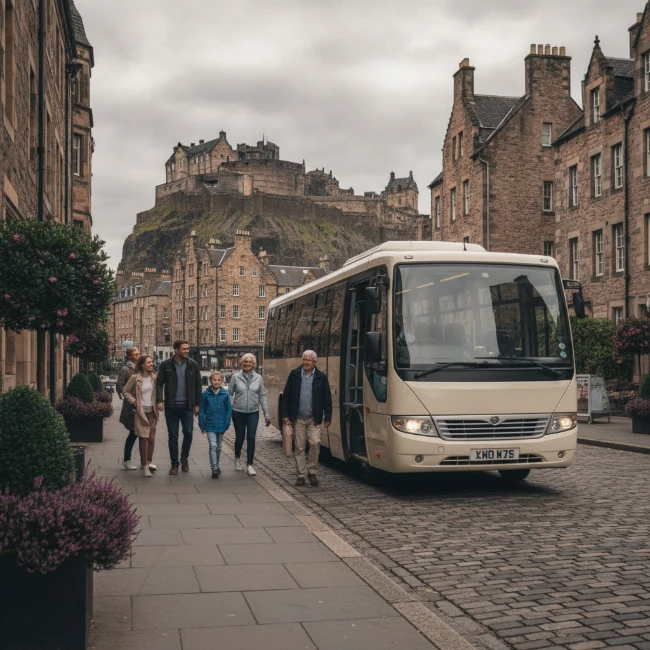 A minibus parked on a street in Edinburgh with historic buildings in the background.